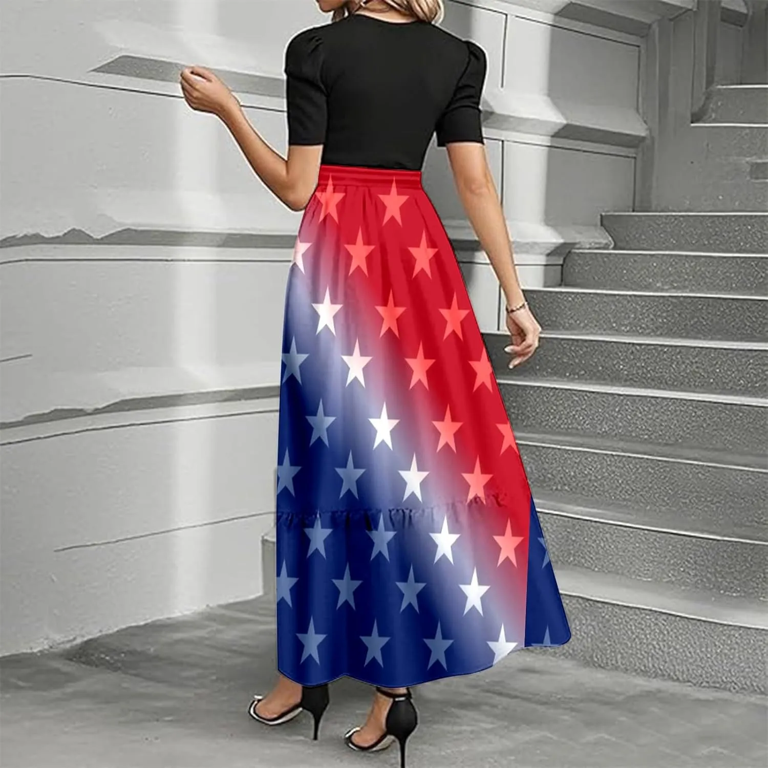 Independence Day Summer Dresses for Women Tie Belted Ruffle Hem A Line Boho Maxi Dress Short Sleeve Flowy Long Dress