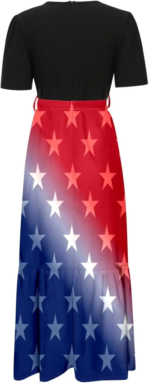 Independence Day Summer Dresses for Women Tie Belted Ruffle Hem A Line Boho Maxi Dress Short Sleeve Flowy Long Dress