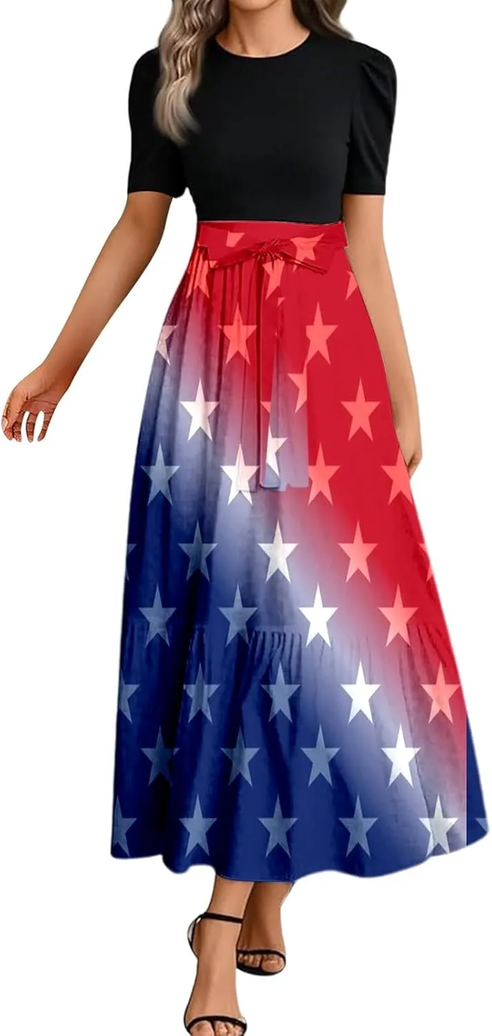 Independence Day Summer Dresses for Women Tie Belted Ruffle Hem A Line Boho Maxi Dress Short Sleeve Flowy Long Dress