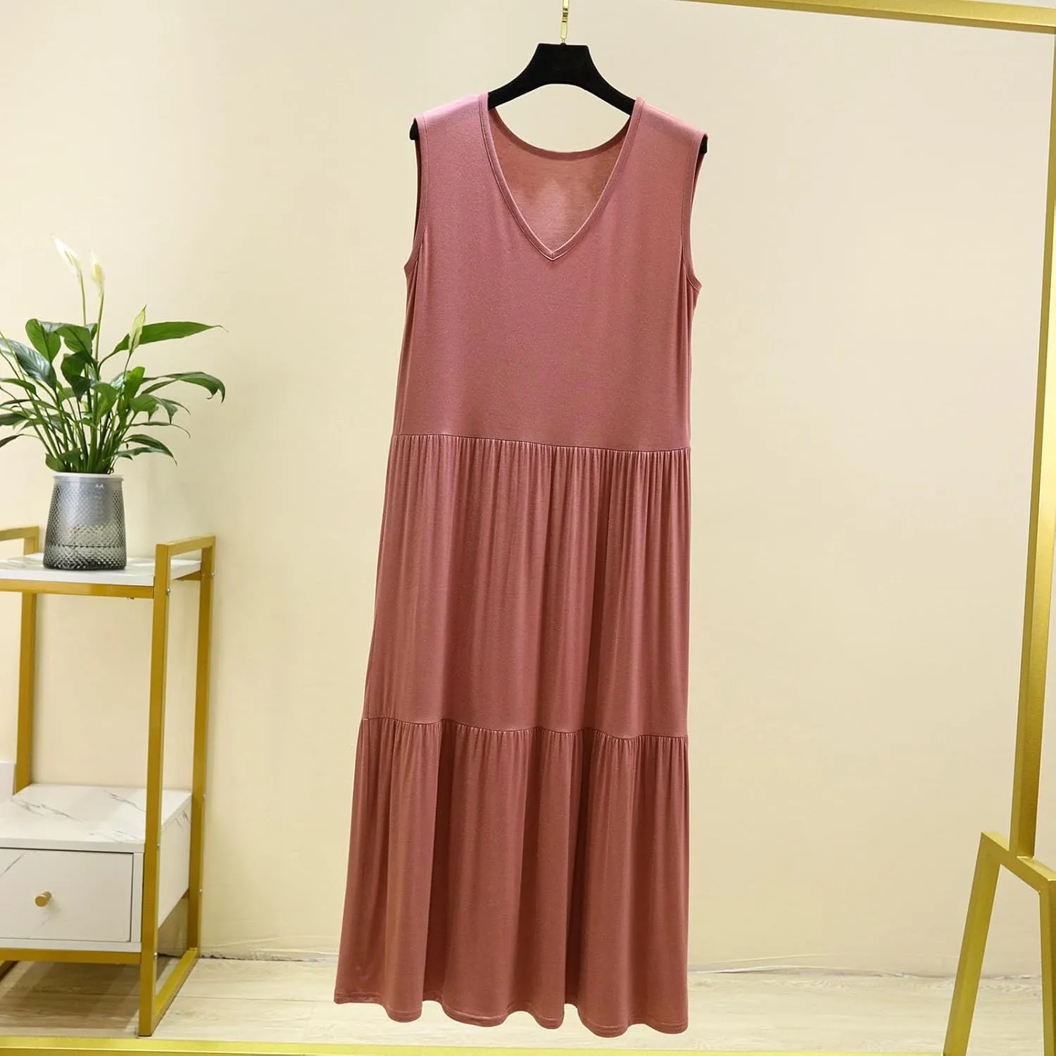 LEMONONSTORE 2025 Fashion Pleated Summer Dresses Women Sleeveless Cotton Linen Maxi Dress Plain V Neck Casual Beach Sundress