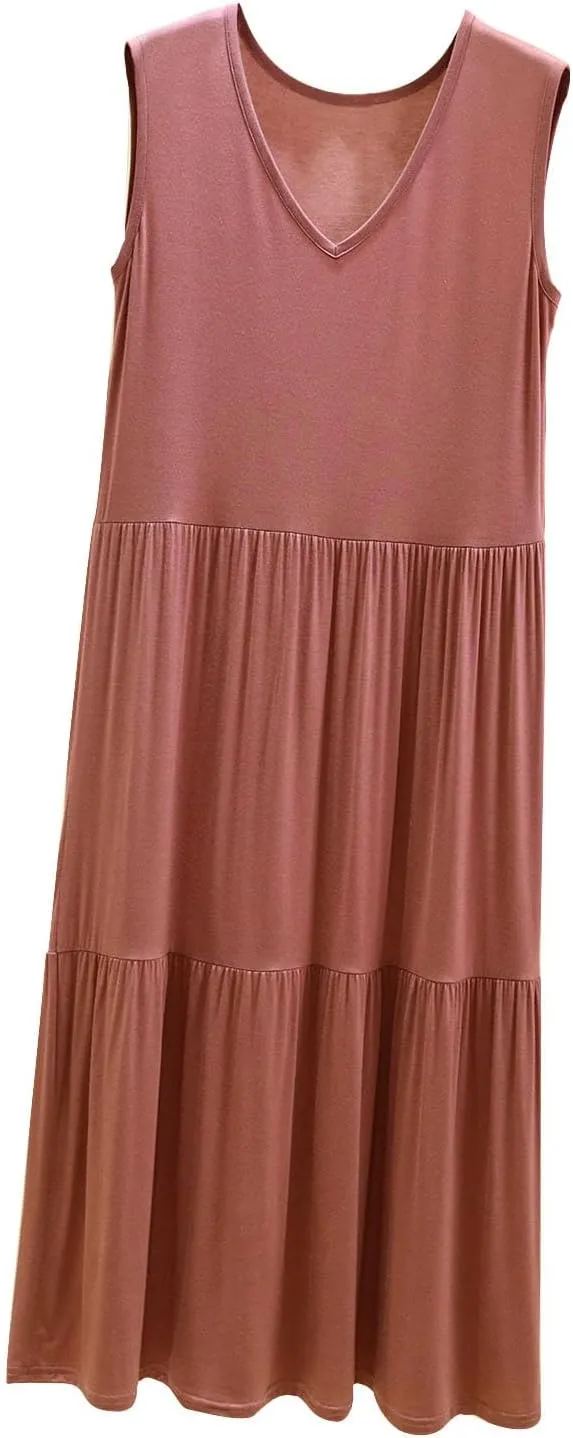 LEMONONSTORE 2025 Fashion Pleated Summer Dresses Women Sleeveless Cotton Linen Maxi Dress Plain V Neck Casual Beach Sundress