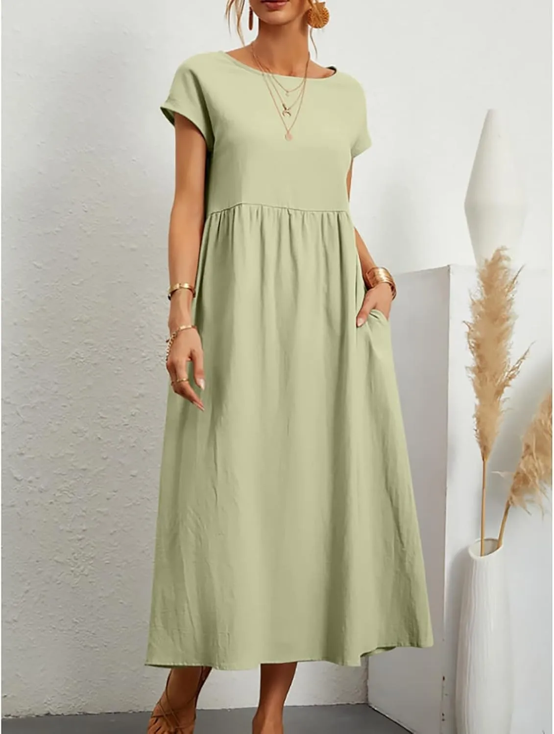 Linen Dress for Women Summer 2025 Baggy Crew Neck Short Sleeve Maxi Dresses Cotton Casual Beach Clothes with Pockets