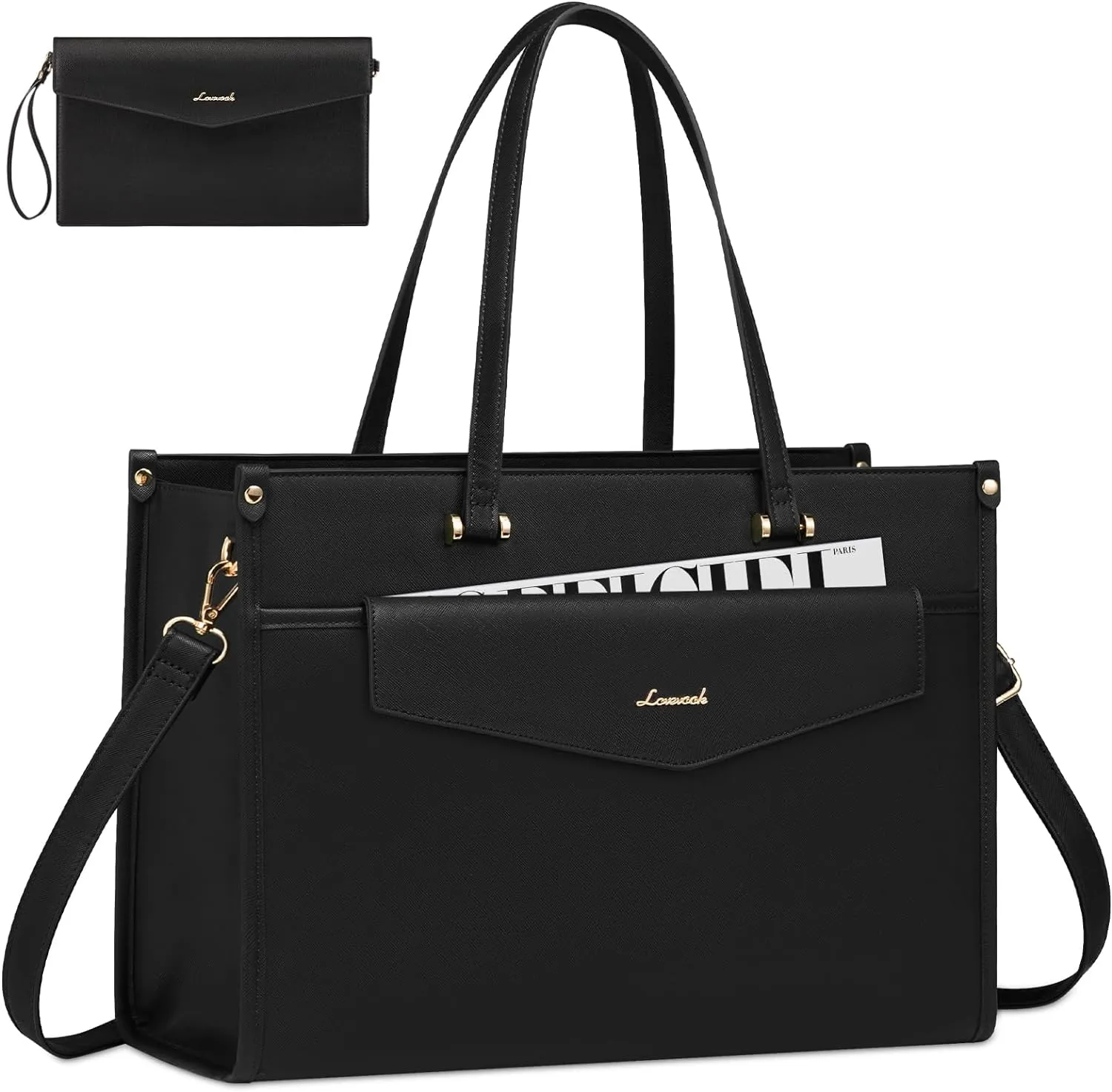 LOVEVOOK Laptop Tote Bag for Women, 15.6 inch 2-in-1 Professional Work Bag Business Briefcase with Clutch Purse, Waterproof Leather Computer Handbag for Teacher Office Travel