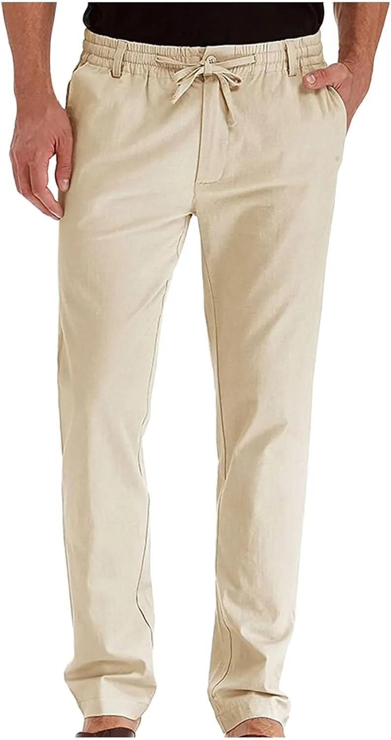 Men's Cotton Linen Pants Elastic Waist Drawstring Casual Trouser Lightweight Straight Leg Loose Fit Beach Trouser