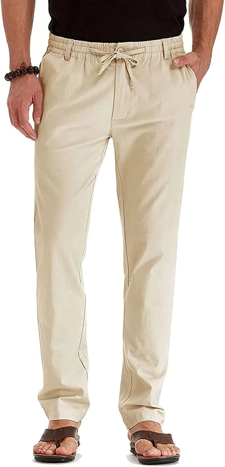 Men's Cotton Linen Pants Elastic Waist Drawstring Casual Trouser Lightweight Straight Leg Loose Fit Beach Trouser