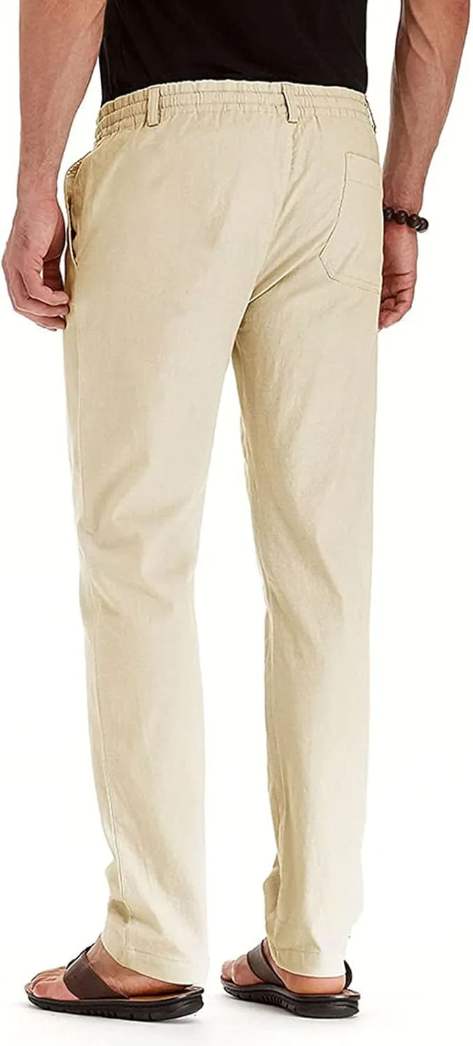 Men's Cotton Linen Pants Elastic Waist Drawstring Casual Trouser Lightweight Straight Leg Loose Fit Beach Trouser