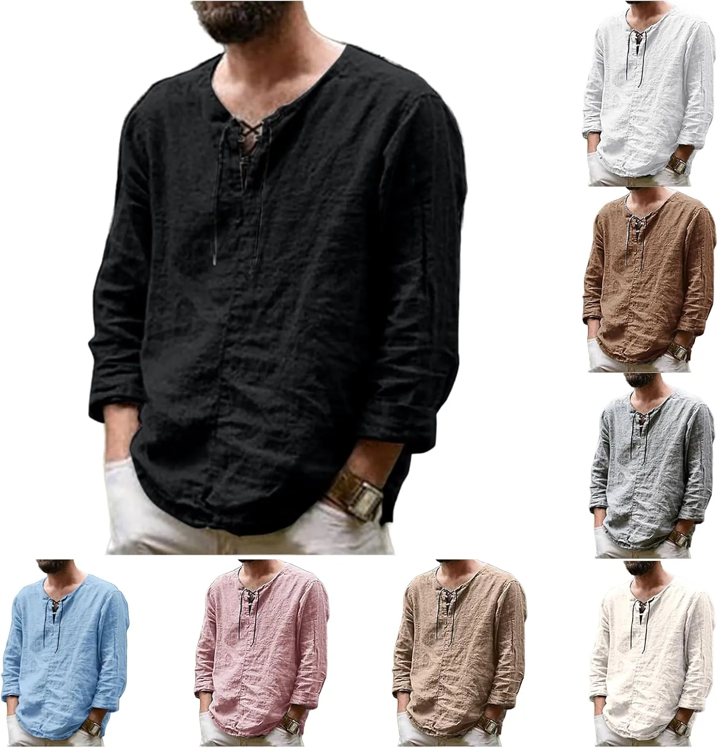 Mens Cotton Linen Shirts Lace Up Long Sleeve Henley T Shirt Beach Yoga Summer Solid Tops Baggy Casual Hippie V Neck Tee