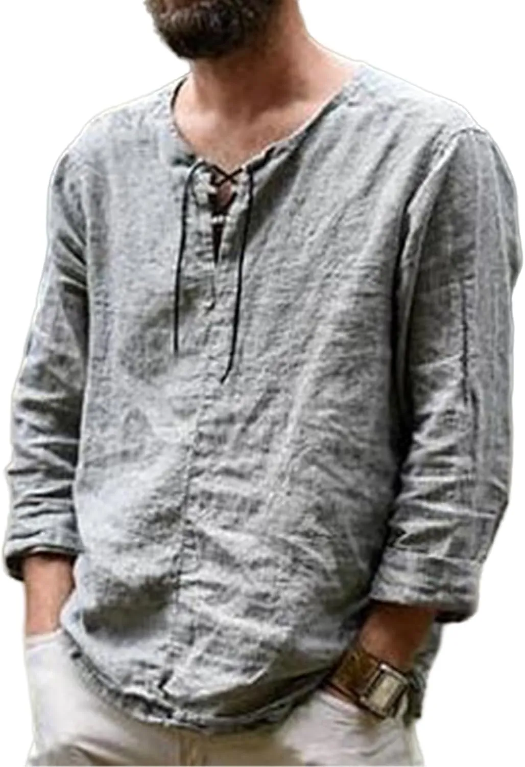 Mens Cotton Linen Shirts Lace Up Long Sleeve Henley T Shirt Beach Yoga Summer Solid Tops Baggy Casual Hippie V Neck Tee