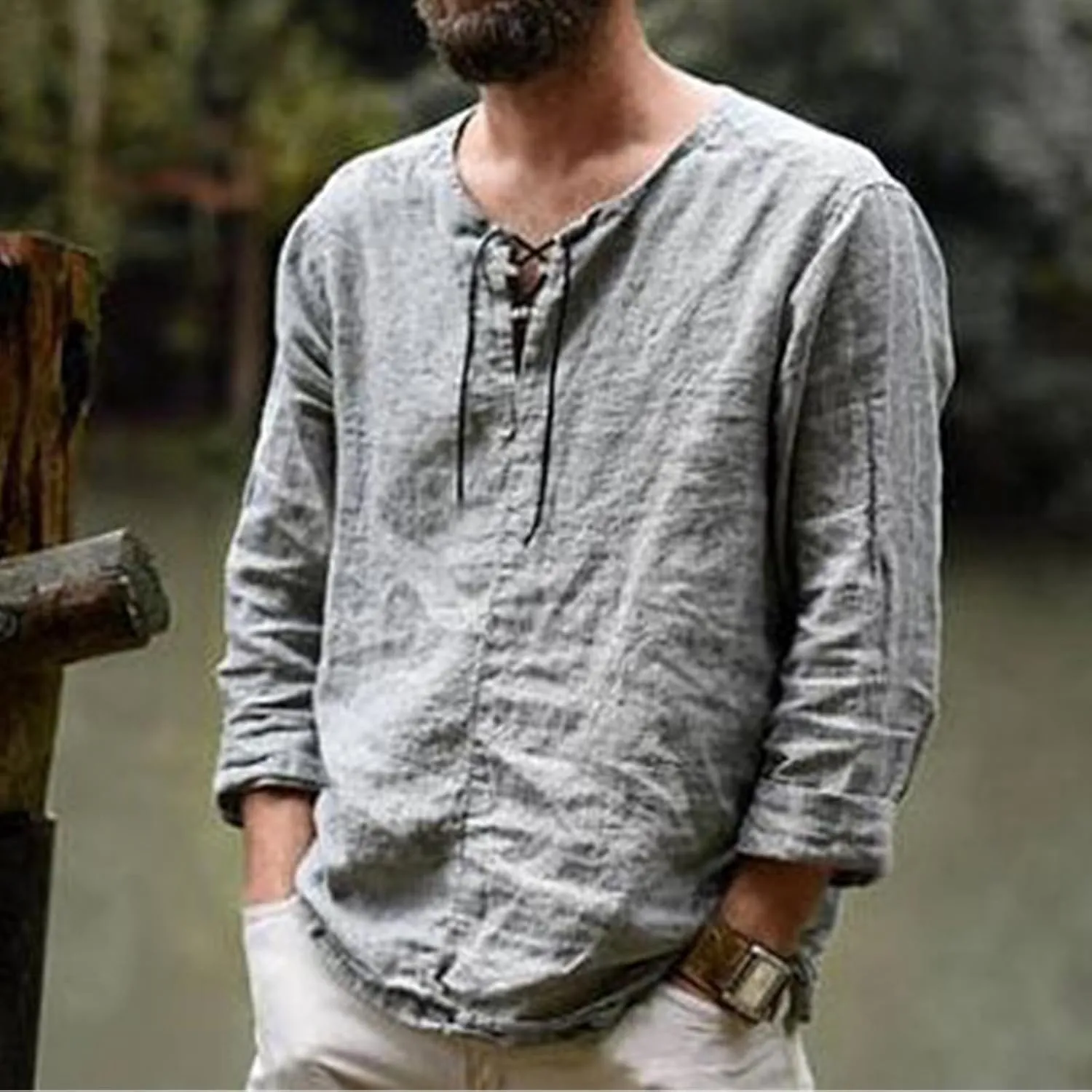 Mens Cotton Linen Shirts Lace Up Long Sleeve Henley T Shirt Beach Yoga Summer Solid Tops Baggy Casual Hippie V Neck Tee