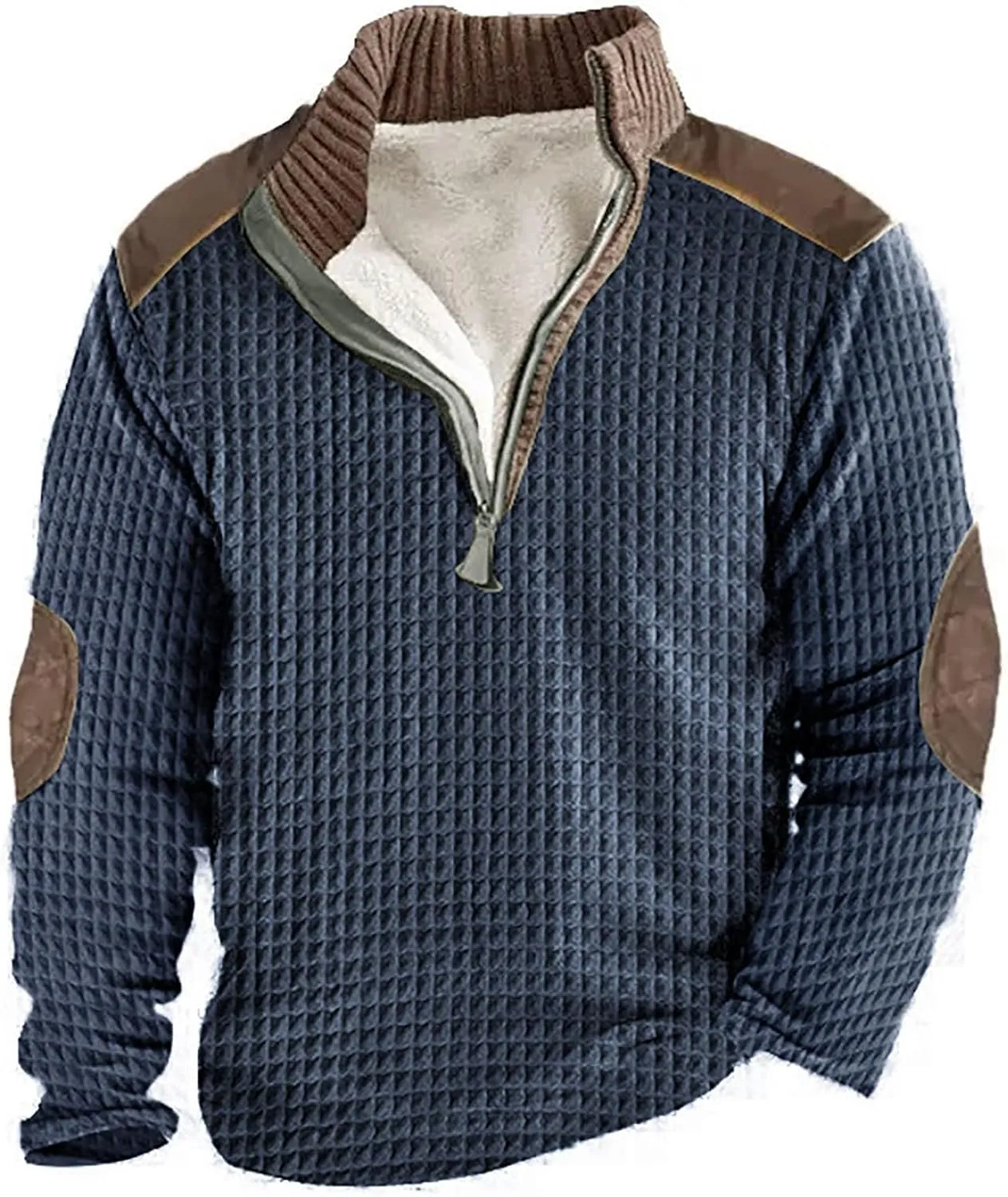 Mens Fleece Lined Waffle Sweatshirt Quarter Zip Knitted Pullover Fuzzy Fleece Sweatshirt for Men Waffle Polo Shirt
