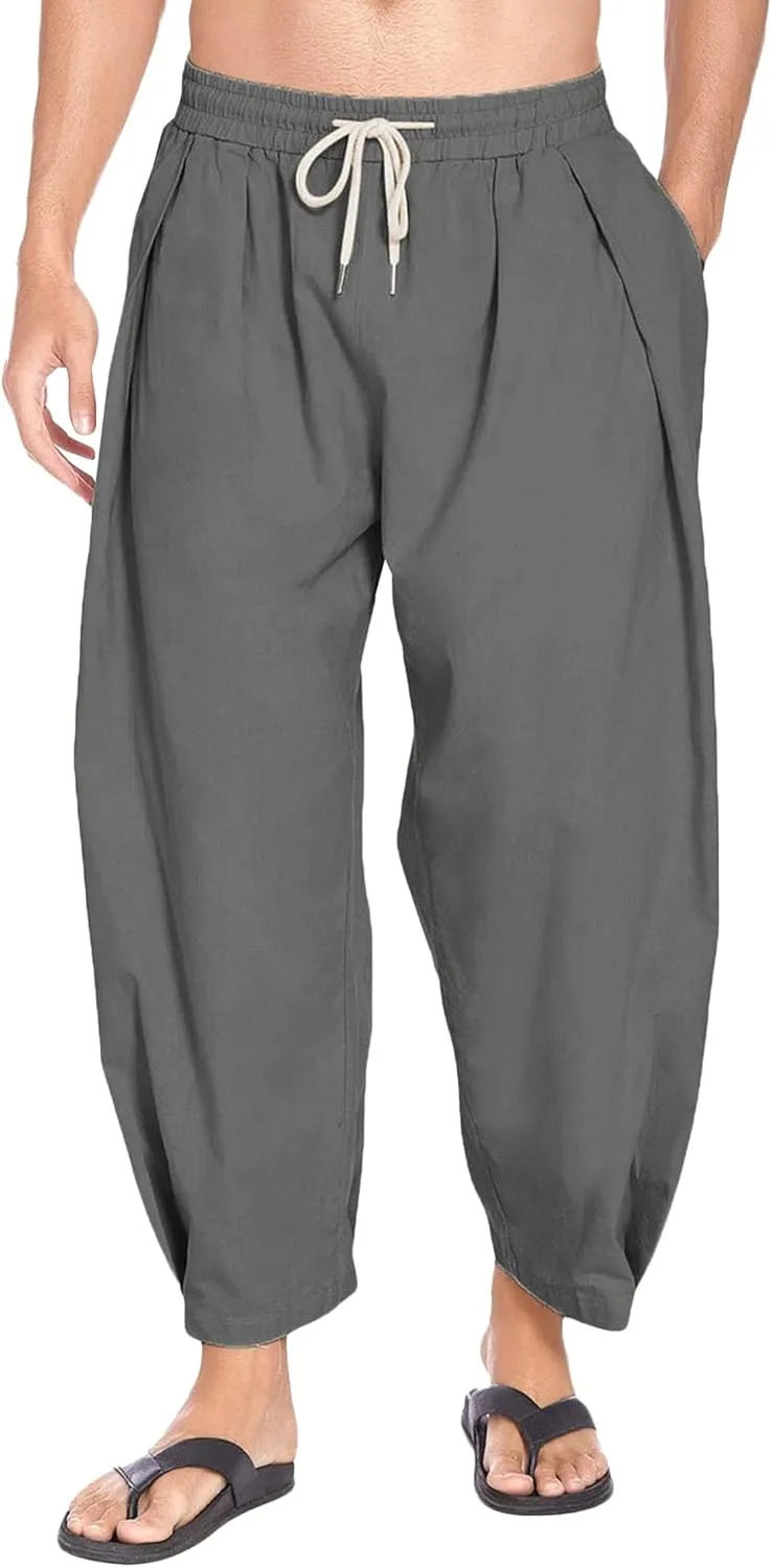 Men's Lightweight Linen Lounge Lantern Pants Classic Jogger Yoga Loose Chinos Casual Elastic Waist Trousers