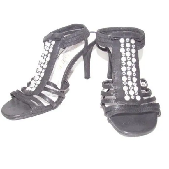 New York Transit Black Strappy Beaded Slingback Heels