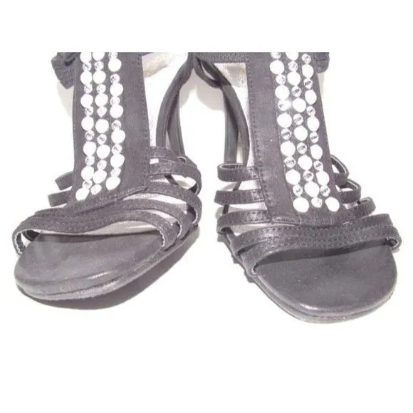 New York Transit Black Strappy Beaded Slingback Heels