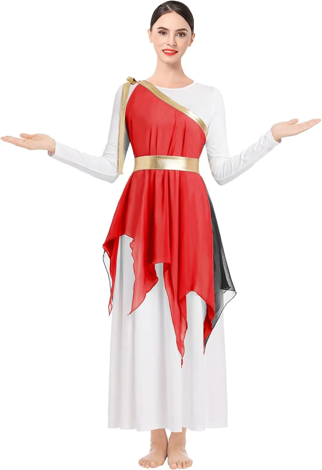ODASDO Women Praise Dance Costume White Long Sleeve Maxi Dress   Multi Way Wrap Handkerchief Chiffon Skirt 2pcs Dancewear