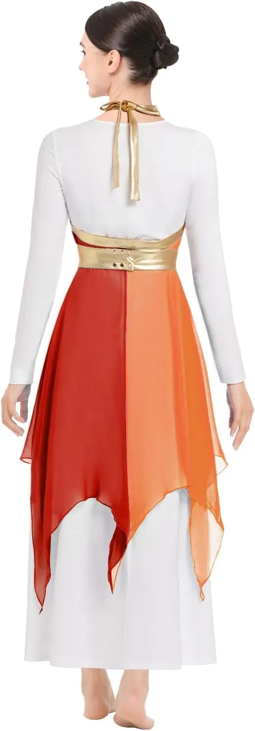 ODASDO Women Praise Dance Costume White Long Sleeve Maxi Dress   Multi Way Wrap Handkerchief Chiffon Skirt 2pcs Dancewear