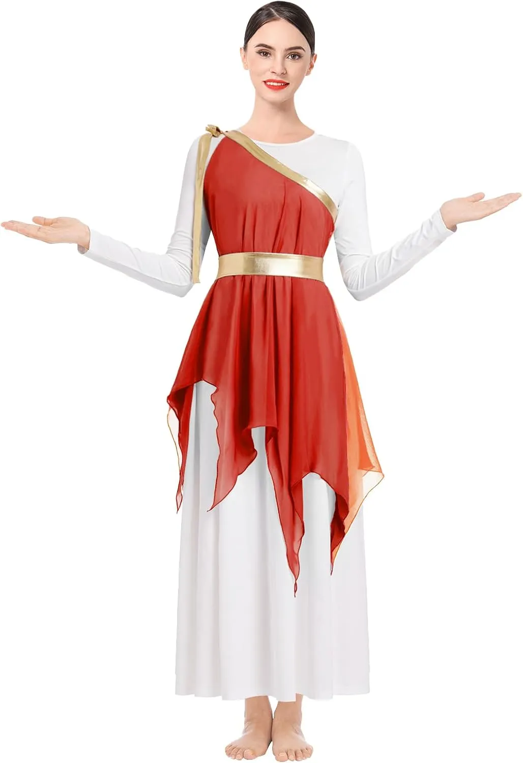 ODASDO Women Praise Dance Costume White Long Sleeve Maxi Dress   Multi Way Wrap Handkerchief Chiffon Skirt 2pcs Dancewear