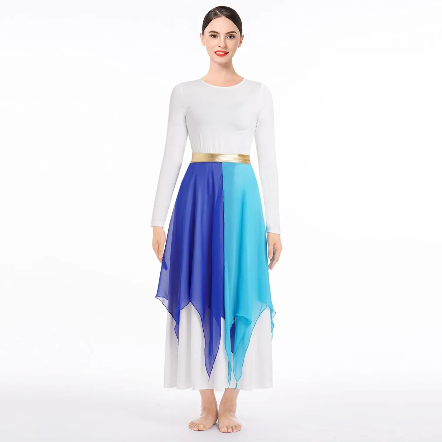 ODASDO Women Praise Dance Costume White Long Sleeve Maxi Dress   Multi Way Wrap Handkerchief Chiffon Skirt 2pcs Dancewear