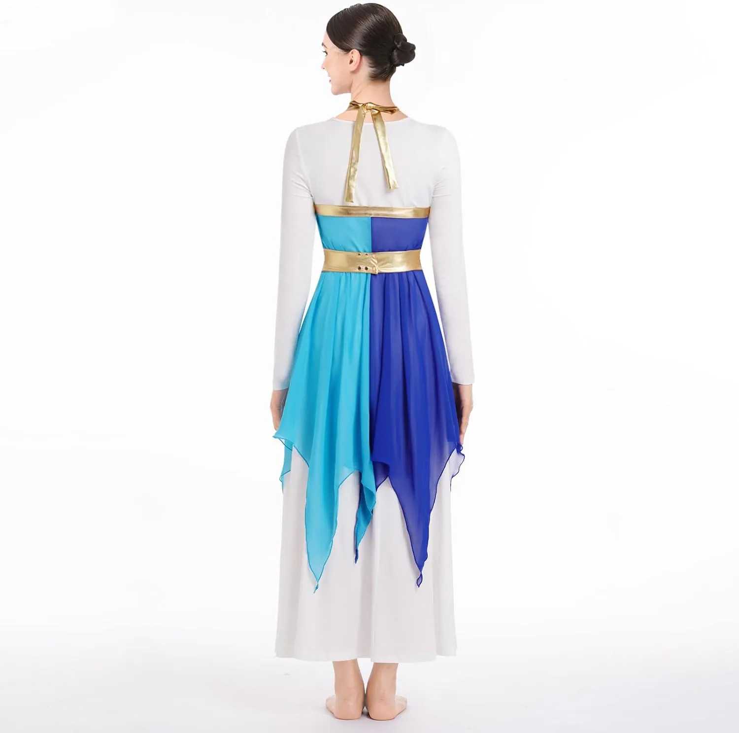 ODASDO Women Praise Dance Costume White Long Sleeve Maxi Dress   Multi Way Wrap Handkerchief Chiffon Skirt 2pcs Dancewear