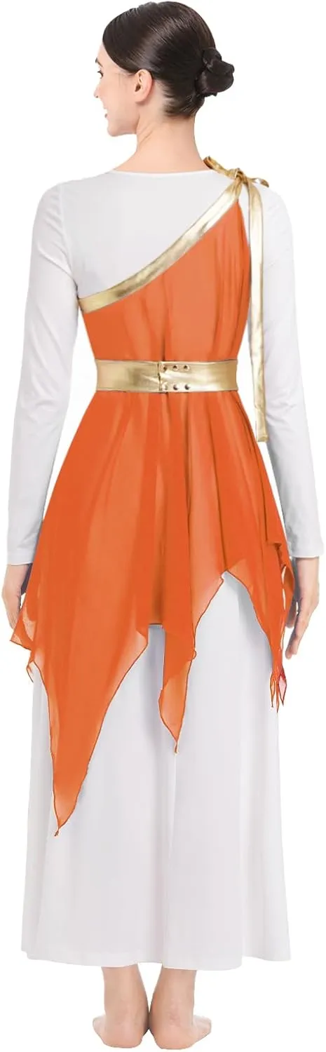 ODASDO Women Praise Dance Costume White Long Sleeve Maxi Dress   Multi Way Wrap Handkerchief Chiffon Skirt 2pcs Dancewear