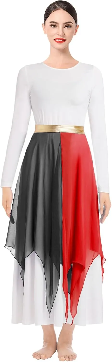 ODASDO Women Praise Dance Costume White Long Sleeve Maxi Dress   Multi Way Wrap Handkerchief Chiffon Skirt 2pcs Dancewear