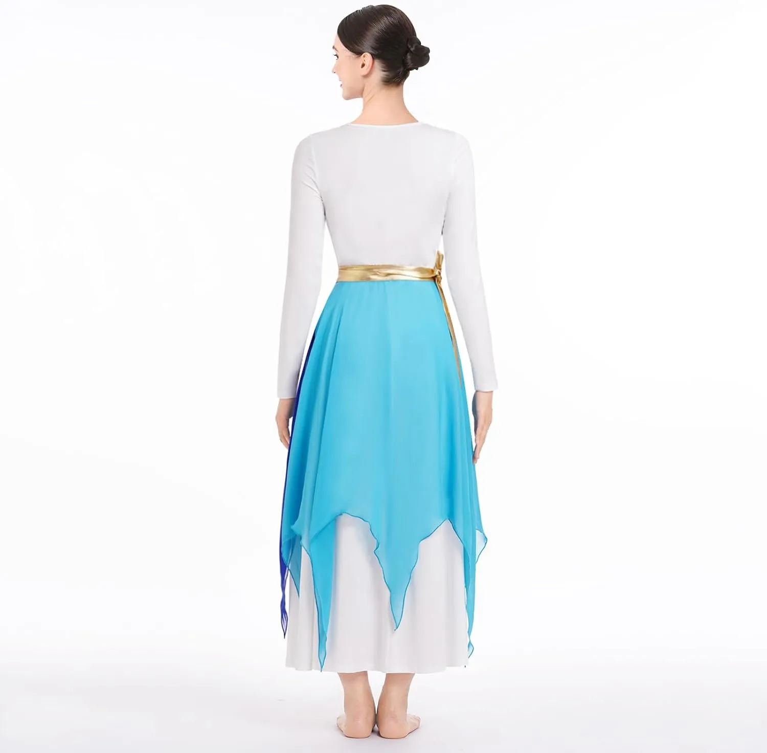 ODASDO Women Praise Dance Costume White Long Sleeve Maxi Dress   Multi Way Wrap Handkerchief Chiffon Skirt 2pcs Dancewear