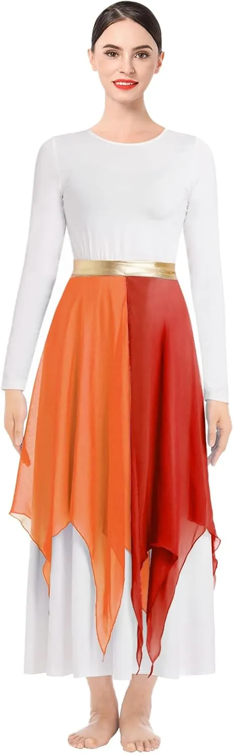 ODASDO Women Praise Dance Costume White Long Sleeve Maxi Dress   Multi Way Wrap Handkerchief Chiffon Skirt 2pcs Dancewear