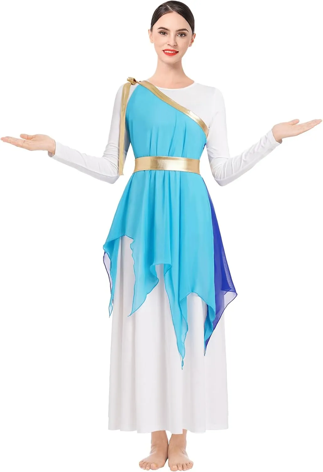ODASDO Women Praise Dance Costume White Long Sleeve Maxi Dress   Multi Way Wrap Handkerchief Chiffon Skirt 2pcs Dancewear