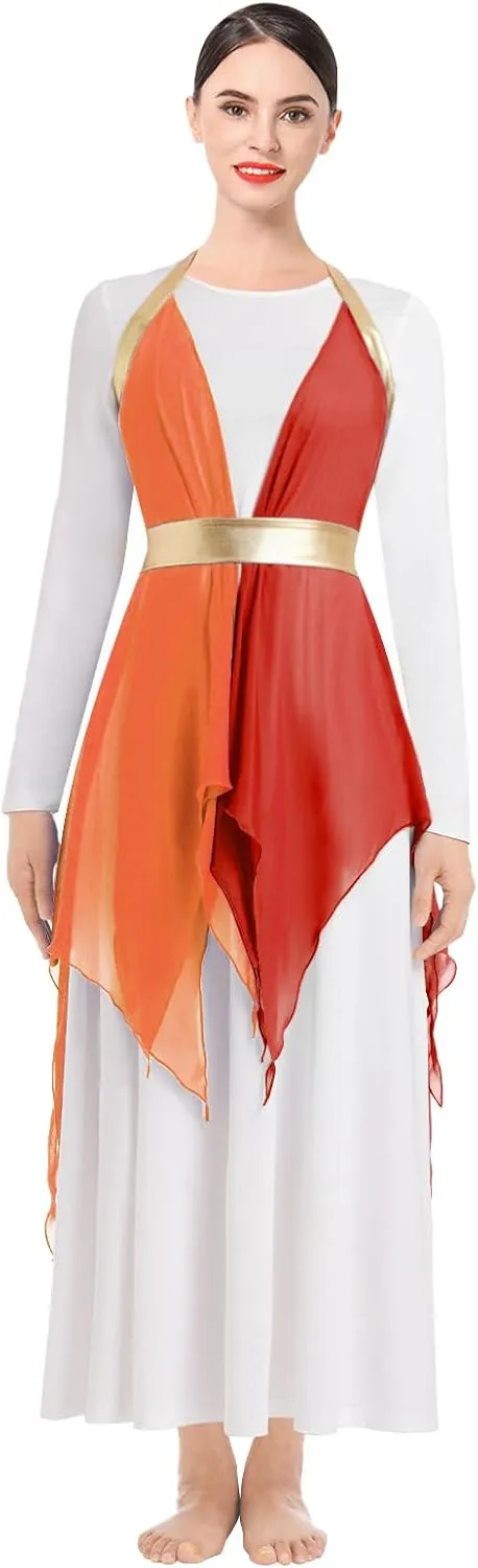 ODASDO Women Praise Dance Costume White Long Sleeve Maxi Dress   Multi Way Wrap Handkerchief Chiffon Skirt 2pcs Dancewear