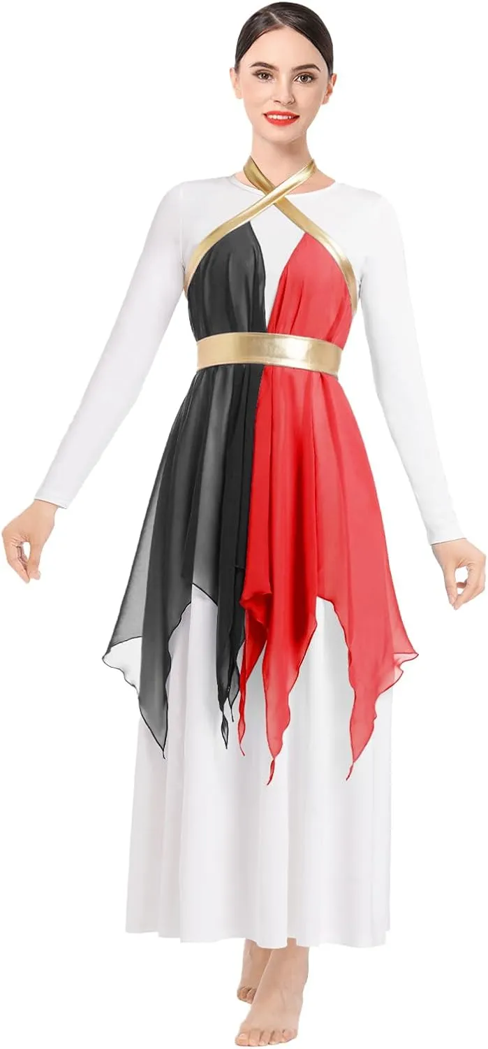 ODASDO Women Praise Dance Costume White Long Sleeve Maxi Dress   Multi Way Wrap Handkerchief Chiffon Skirt 2pcs Dancewear