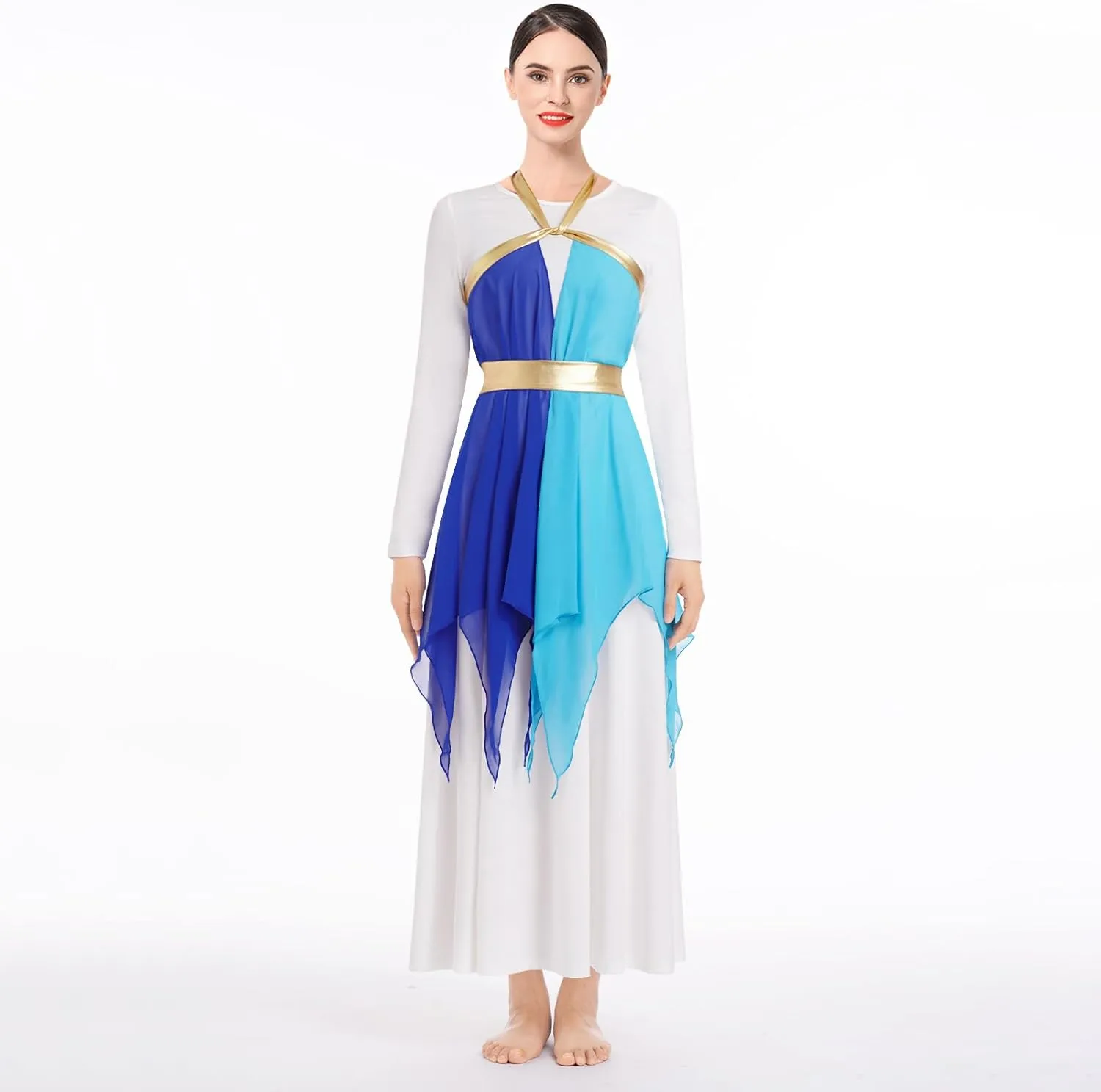 ODASDO Women Praise Dance Costume White Long Sleeve Maxi Dress   Multi Way Wrap Handkerchief Chiffon Skirt 2pcs Dancewear