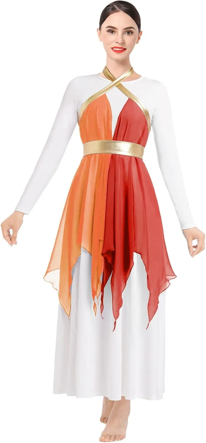 ODASDO Women Praise Dance Costume White Long Sleeve Maxi Dress   Multi Way Wrap Handkerchief Chiffon Skirt 2pcs Dancewear