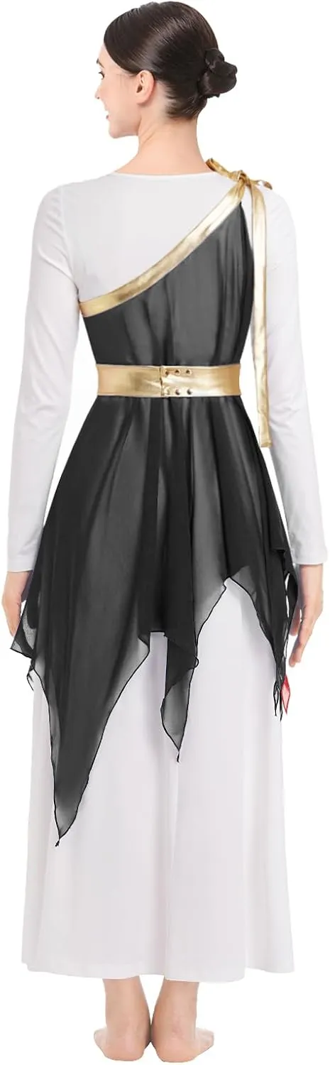 ODASDO Women Praise Dance Costume White Long Sleeve Maxi Dress   Multi Way Wrap Handkerchief Chiffon Skirt 2pcs Dancewear