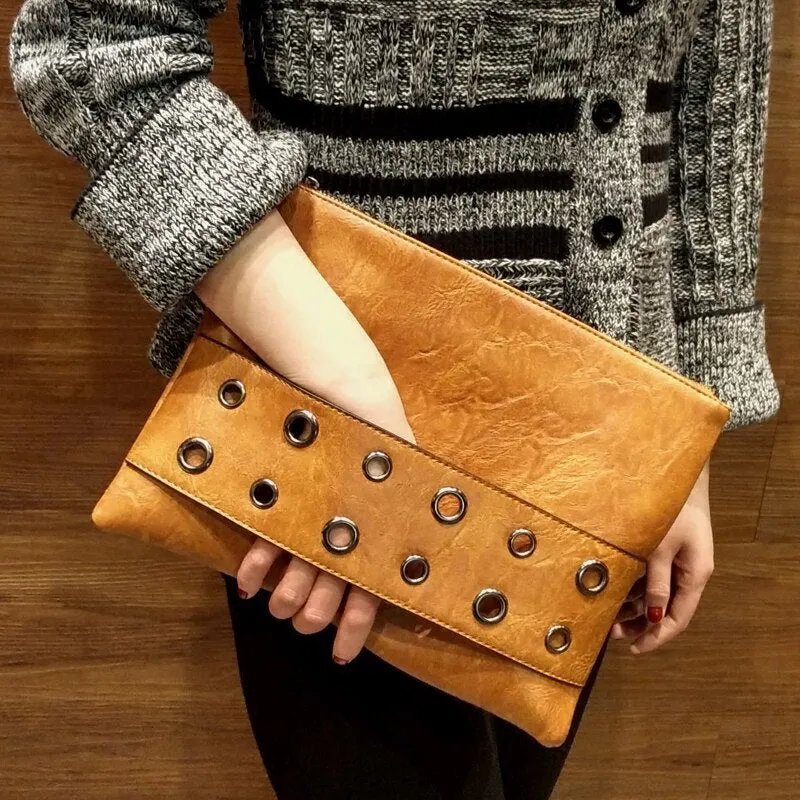 Vvsha Fashion rivets Women Envelope Clutch Bag PU Leather Women's Crossbody Messenger Bag Female Shoulder bag Clutches black Brown