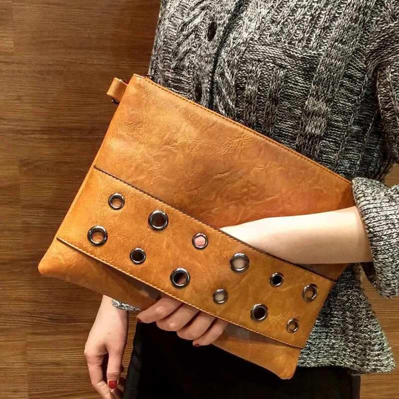 Vvsha Fashion rivets Women Envelope Clutch Bag PU Leather Women's Crossbody Messenger Bag Female Shoulder bag Clutches black Brown