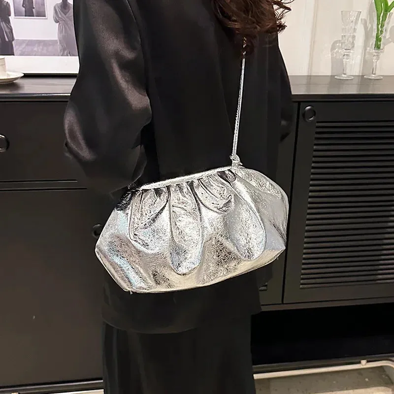 Wenkouban-Small Luxury Design Women's Leather Silver Cloud Bag Female Gold Crossbody Bag Ladies Party Clutch Purse Female Handbags