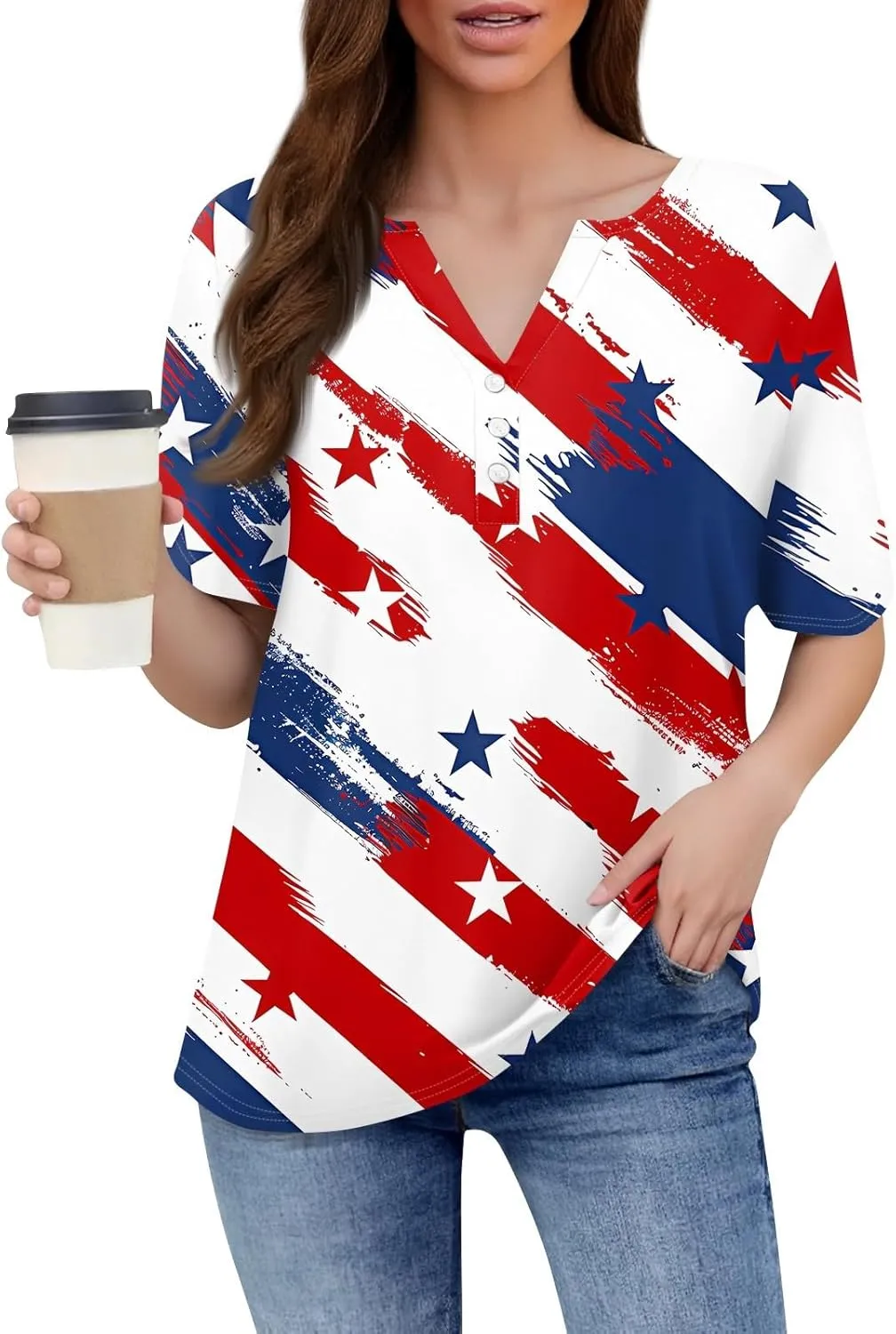 Women Button Down Shirt Henley Summer Tops V Neck Short Sleeve Blouses Trendy Graphic Tees Workout Outfits