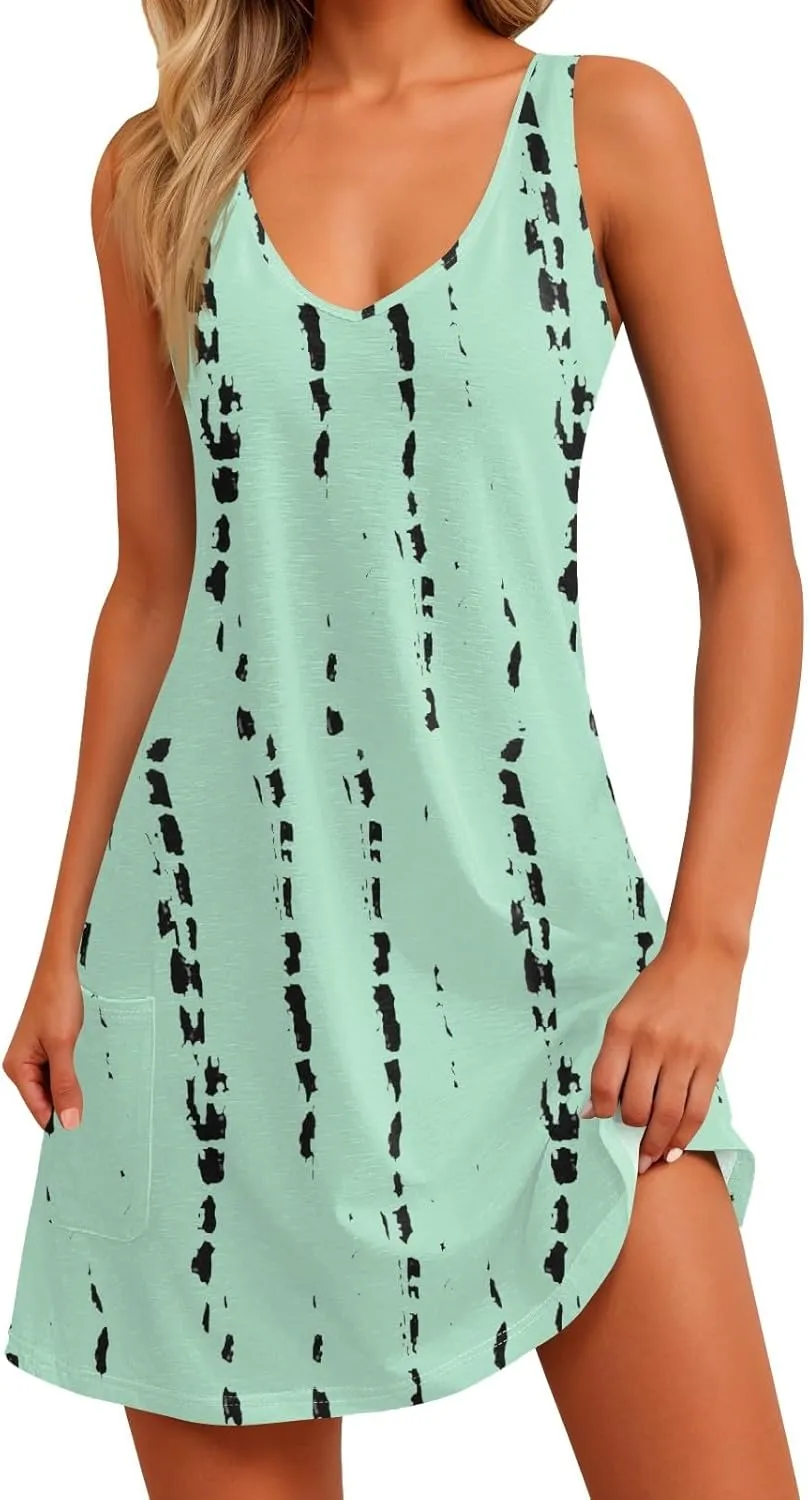 Women Summer Dresses 2025 Vacation Swimsuit Coverup Casual Sleeveless Sundress V Neck Beach Dress with Pocket