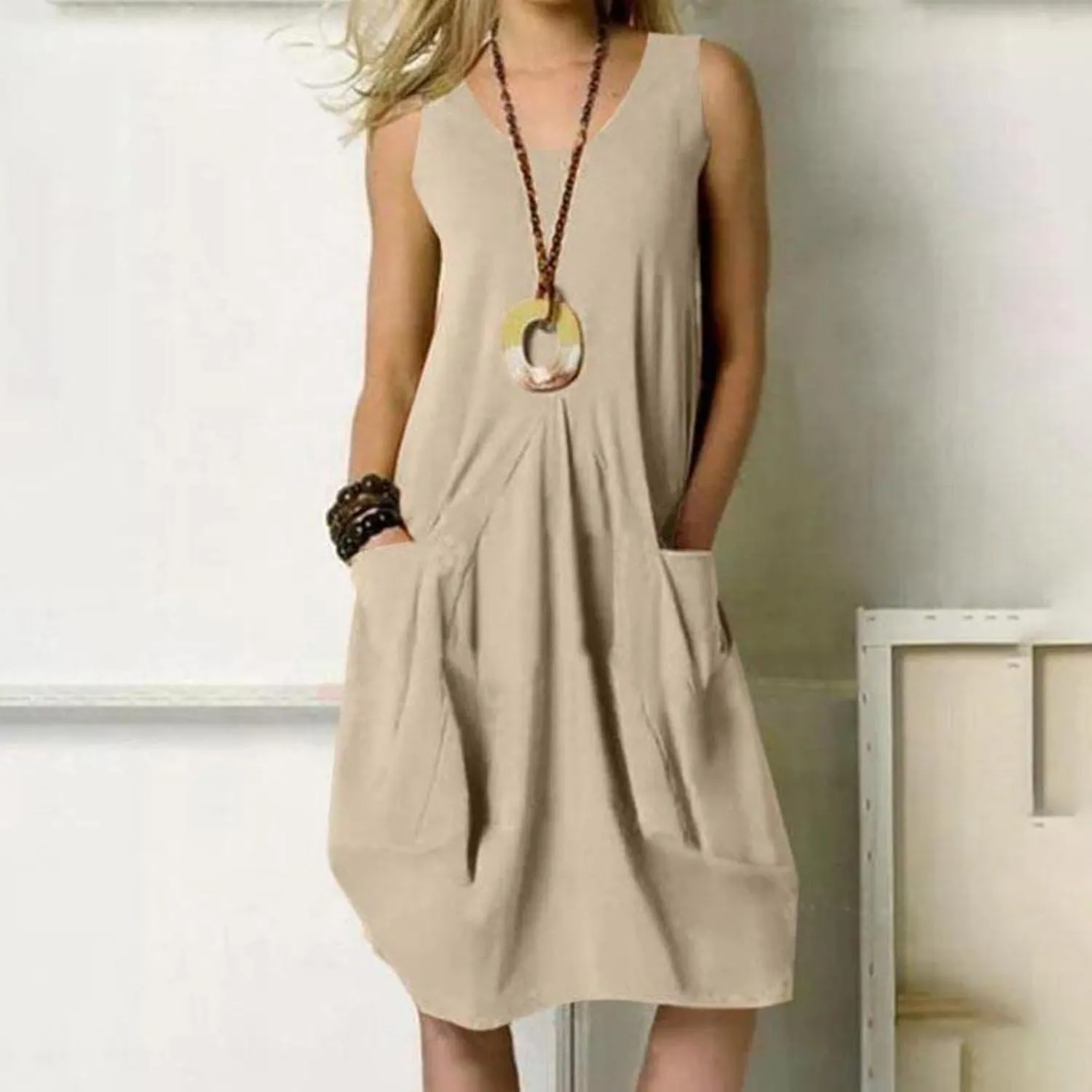 Women's Casual Linen Tunic Dress Mini Boho Sleeveless Summer Swing Beach Round Neck Tank T-Shirt Dresses with Pocket