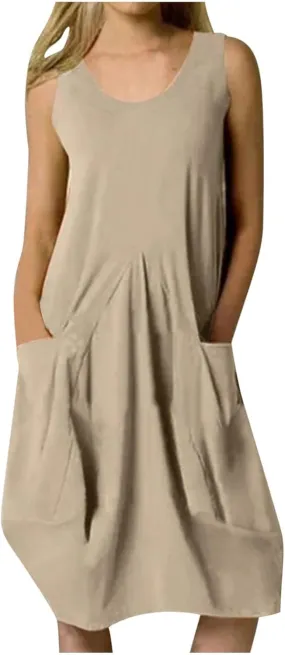 Women's Casual Linen Tunic Dress Mini Boho Sleeveless Summer Swing Beach Round Neck Tank T-Shirt Dresses with Pocket