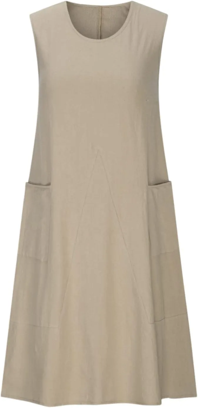 Women's Casual Linen Tunic Dress Mini Boho Sleeveless Summer Swing Beach Round Neck Tank T-Shirt Dresses with Pocket