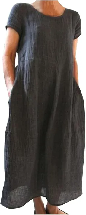 Women's Linen Dresses 2025 Casual Short Sleeve Crewneck T Shirts Maxi Dresses Loose Solid Retro Dress with Pockets