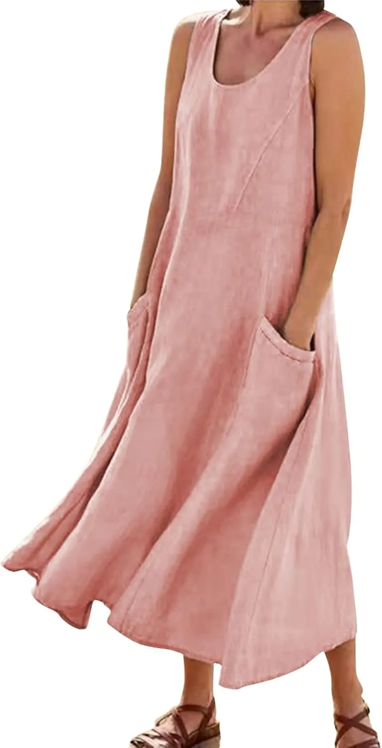 Womens Linen Maxi Dress Sleeveless V Neck Flowy Beach Dresses Summer Casual Loose Sundress Plus Size Boho Dresses with Pocket