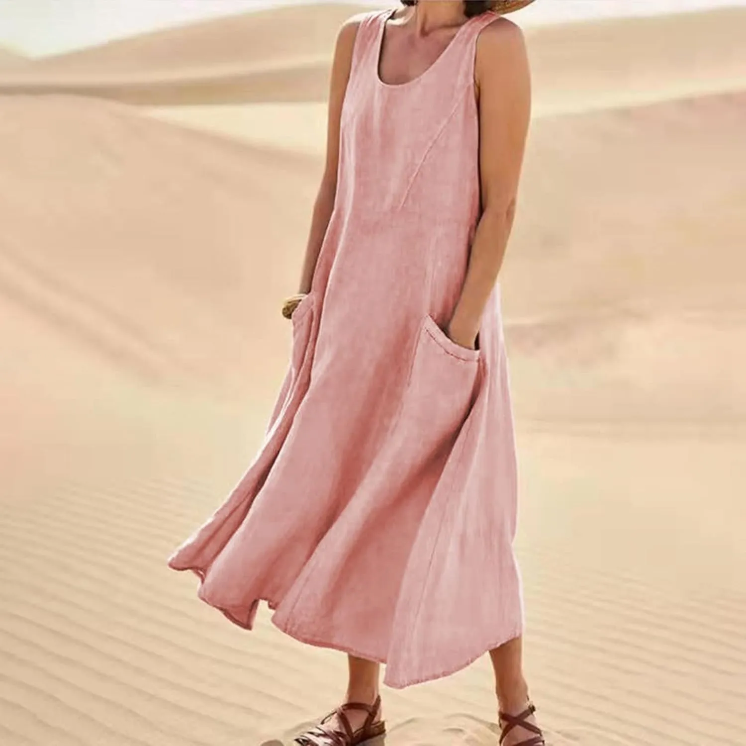 Womens Linen Maxi Dress Sleeveless V Neck Flowy Beach Dresses Summer Casual Loose Sundress Plus Size Boho Dresses with Pocket