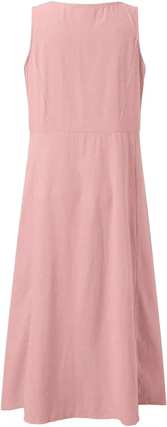 Womens Linen Maxi Dress Sleeveless V Neck Flowy Beach Dresses Summer Casual Loose Sundress Plus Size Boho Dresses with Pocket